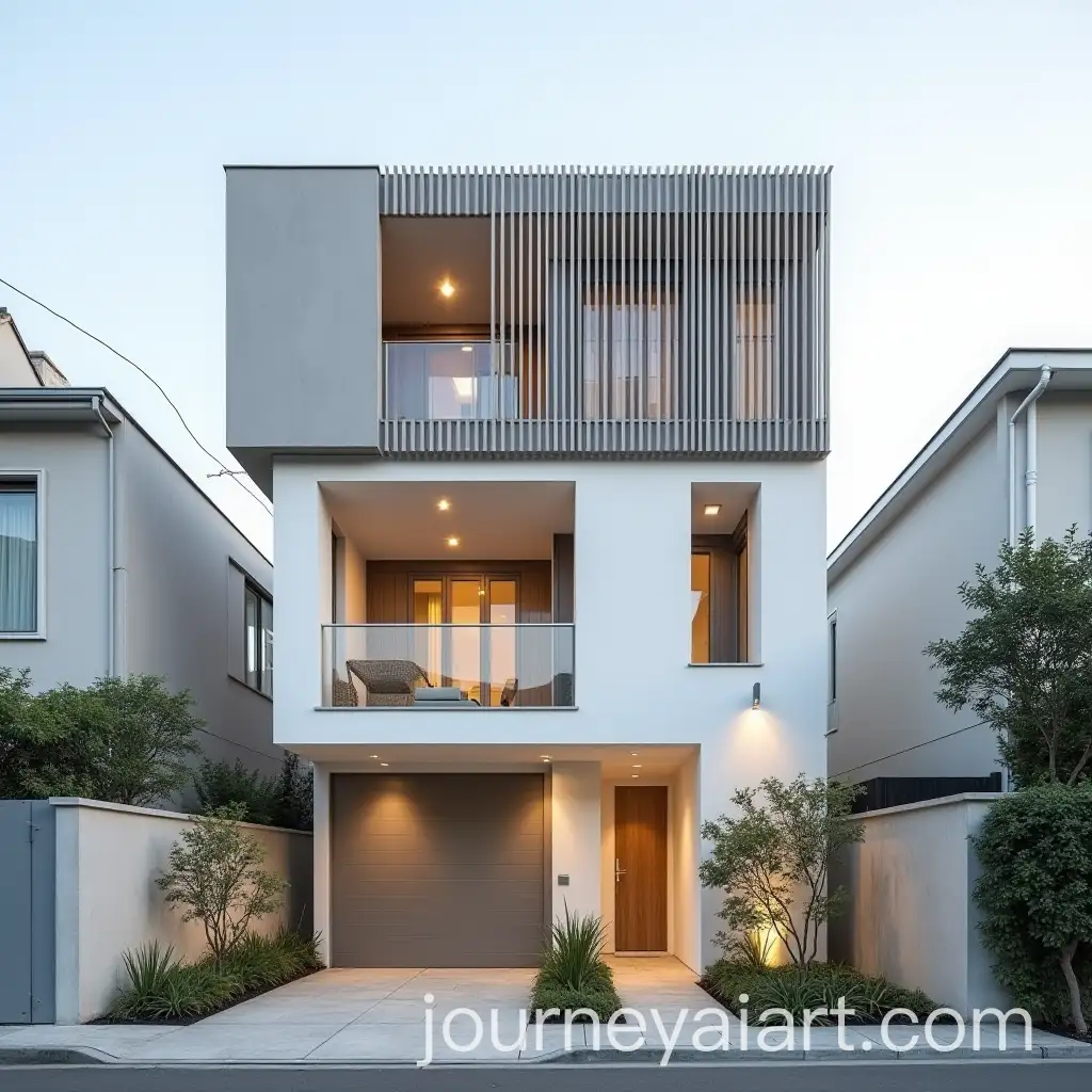 Minimalist-Small-Townhouse-Facade-with-Vertical-Sun-Shading-Panels-and-Modern-Architecture