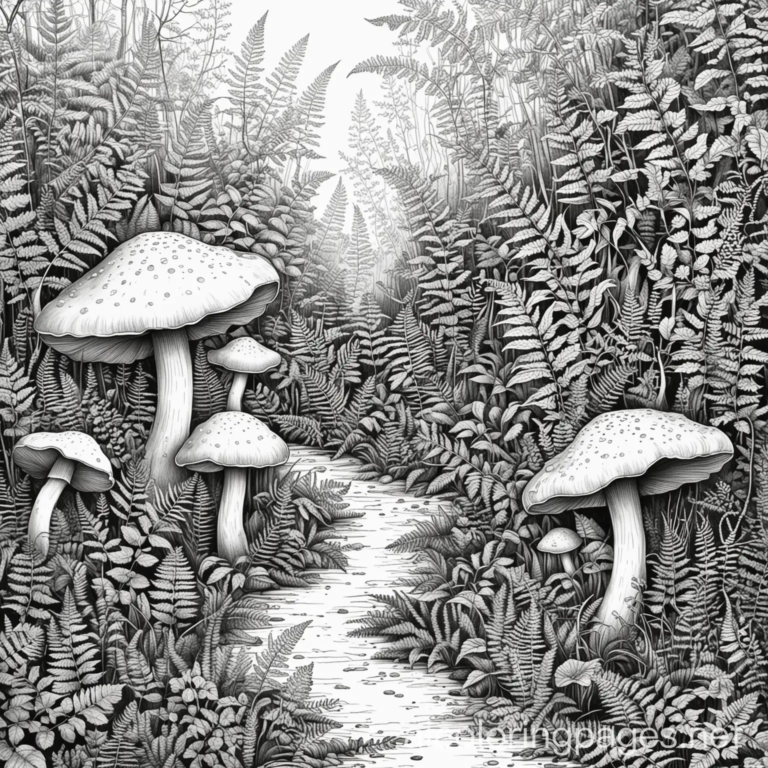 Whimsical-Forest-Floor-Coloring-Page-Mushrooms-Ferns-and-Moss-Textures