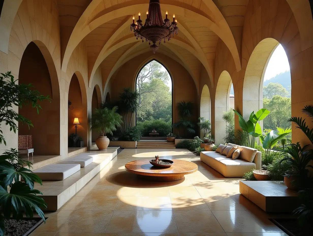 aweinspiring mansion interior blending modern luxury with monastic serenity soaring ceilings stone archways and lush indoor gardens create a harmonious contemplative space