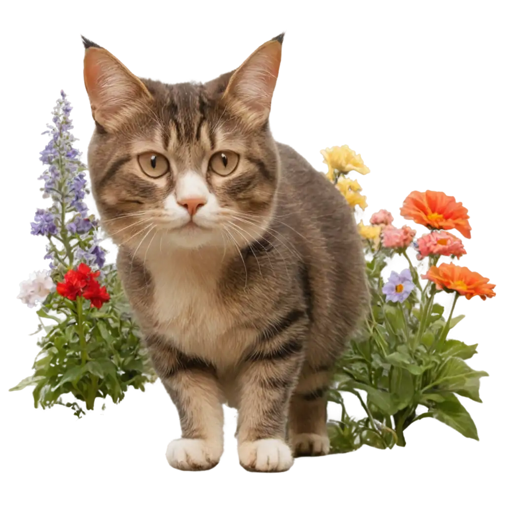 a cat in a garden with flowers