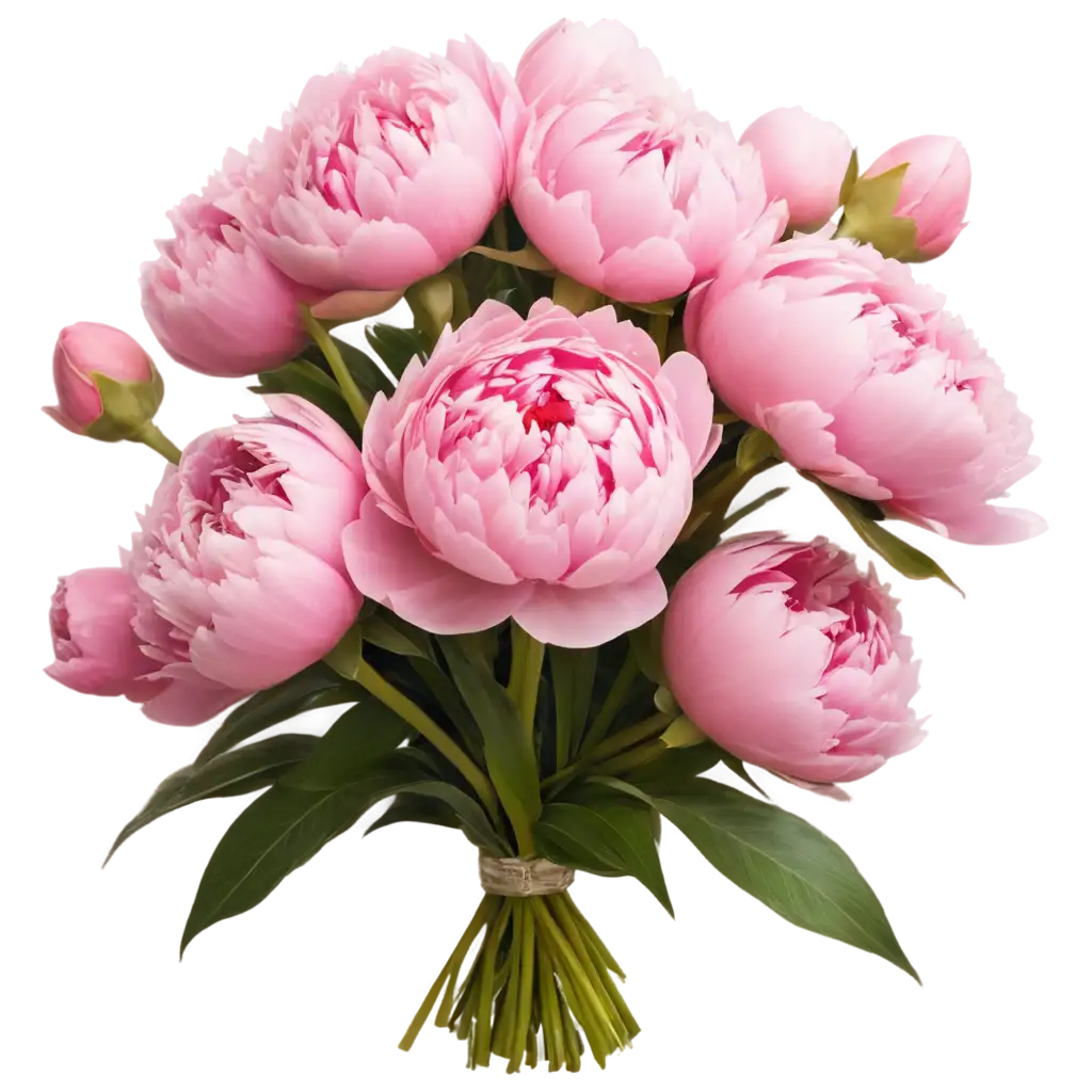 Generate a photorealistic image of a bouquet consisting of peonies. Each flower should be meticulously detailed, with visible texture on the petals, pollen on the stamens and dewdrops on the leaves. The lighting is soft, natural daylight. Focus on depicting texture and color. High resolution, 8k