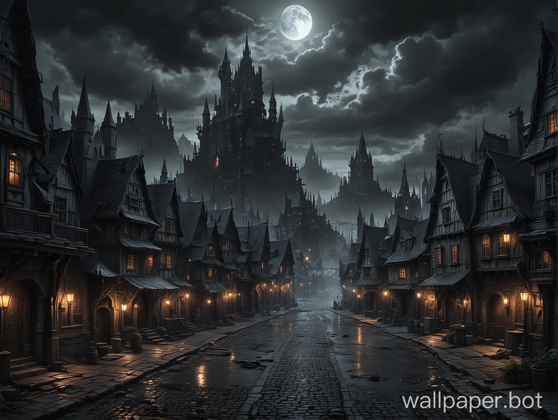 Eerie-Dark-Fantasy-Town-with-Gothic-Architecture-and-Mysterious-Atmosphere