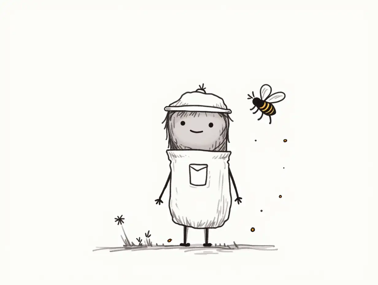Whimsical-Minimalist-Beekeeper-Doodle-in-Black-and-White-Ink