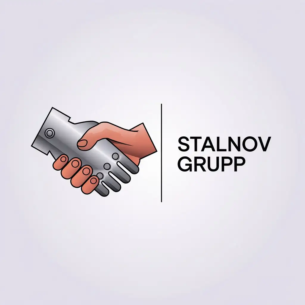 a vector logo design,with the text "StalNov Grupp", main symbol:handshake of a steel colored metal hand and a human hand, white background, logo name on the right,Minimalistic,be used in Others industry,clear background