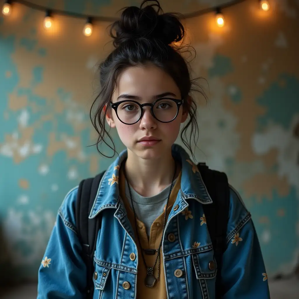 Young-Woman-in-Floral-Jacket-with-Messy-Updo-and-Round-Glasses-Against-Dilapidated-Wall