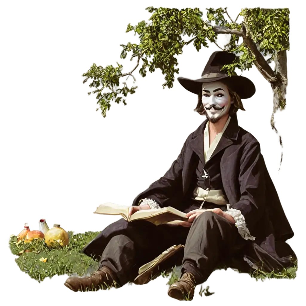 guy fawkes sitting under tree and reading book