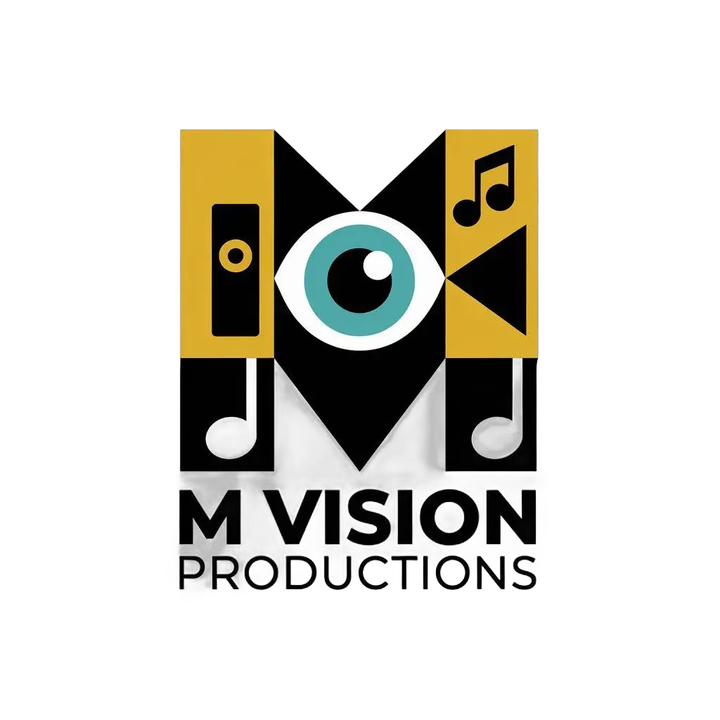 a vector logo design,with the text "M VISION PRODUCTIONS", main symbol:An eye, a camera, music,Moderate,be used in COMMUNICATION, DIVERTISSEMENT industry,clear background