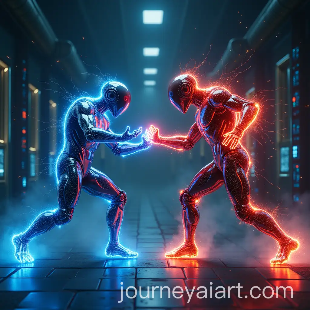 Dynamic-Battle-Between-Two-Futuristic-AI-Humanoids-in-a-Dark-Technological-World