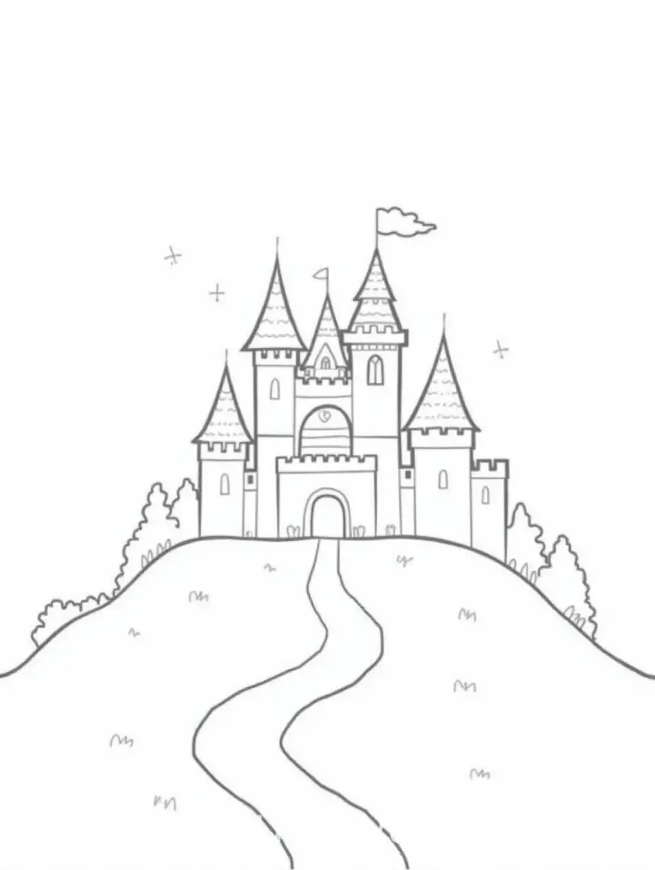 Black-and-White-Coloring-Page-of-a-Princess-Castle-on-a-Hill