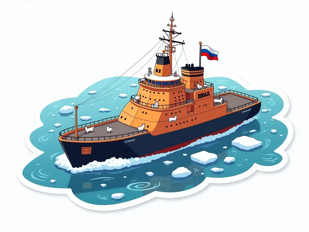 a huge atimic icebreaker floating out of the ocean with icebergs, the lower part of the ship is black, the upper part is bright orange, the inscription on the deck superstructure is the Russian flag. there are small white cats on the ship in the image of sailors,  Sticker design - top view, high resolution, vector graphics, white background, anime-style coloring.