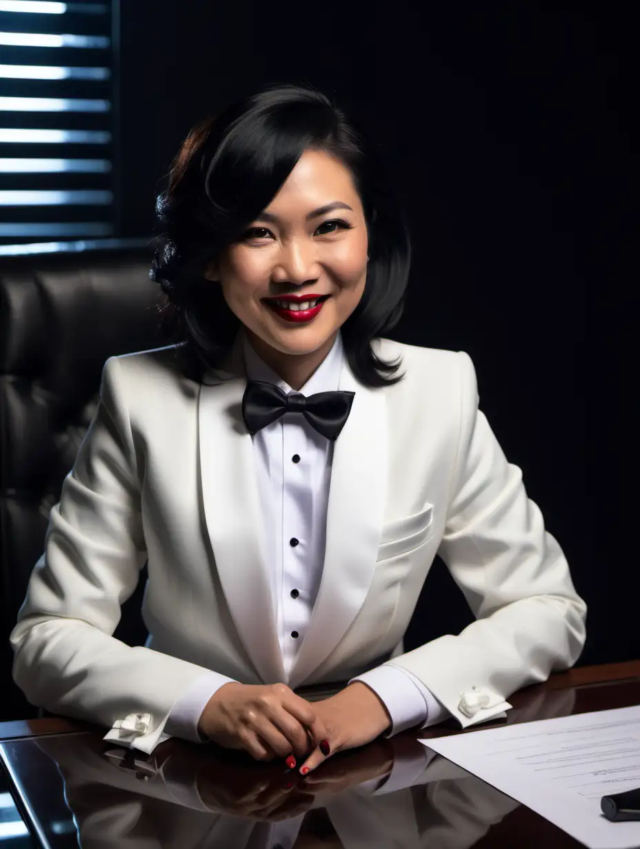 Smiling-Vietnamese-Woman-in-Elegant-White-Tuxedo-with-Corsage-at-Desk