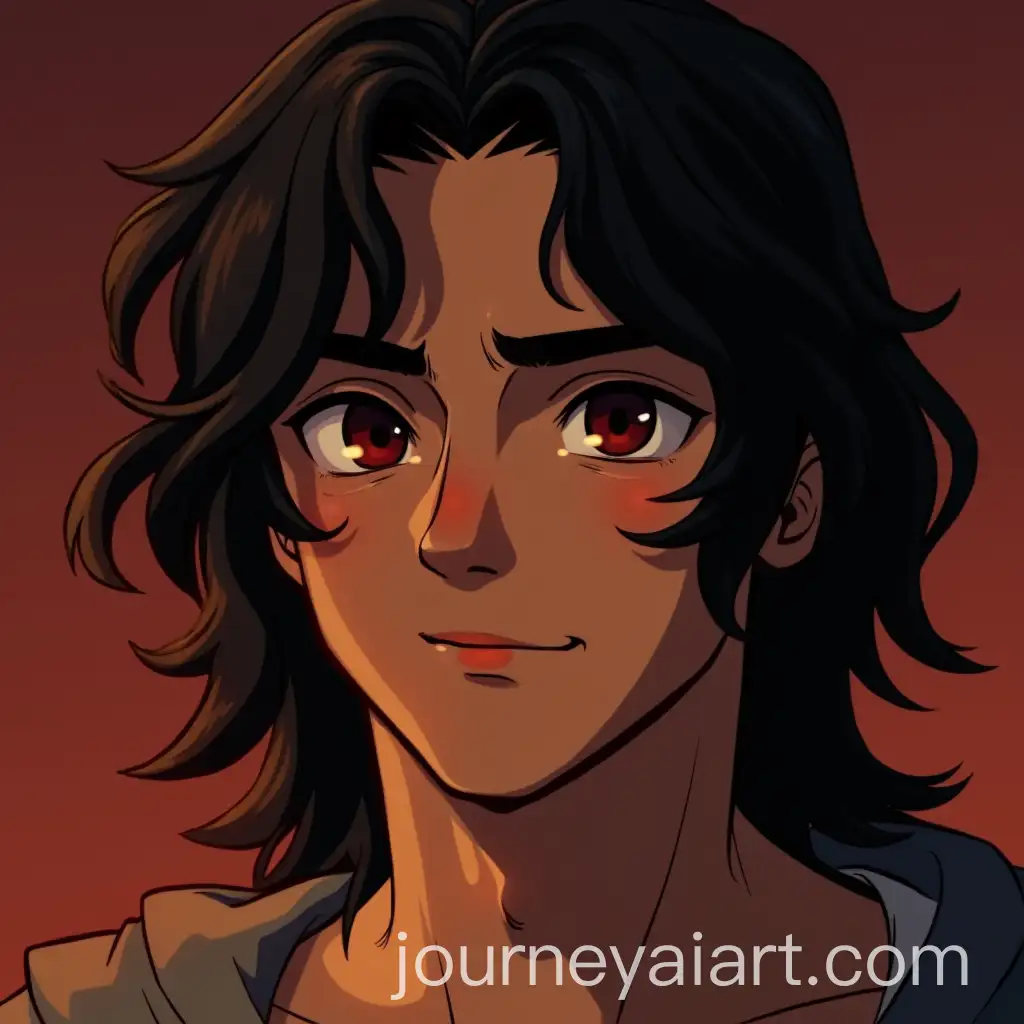 Smirking-Young-Man-with-Tanned-Skin-Long-Black-Hair-and-Dark-Red-Eyes