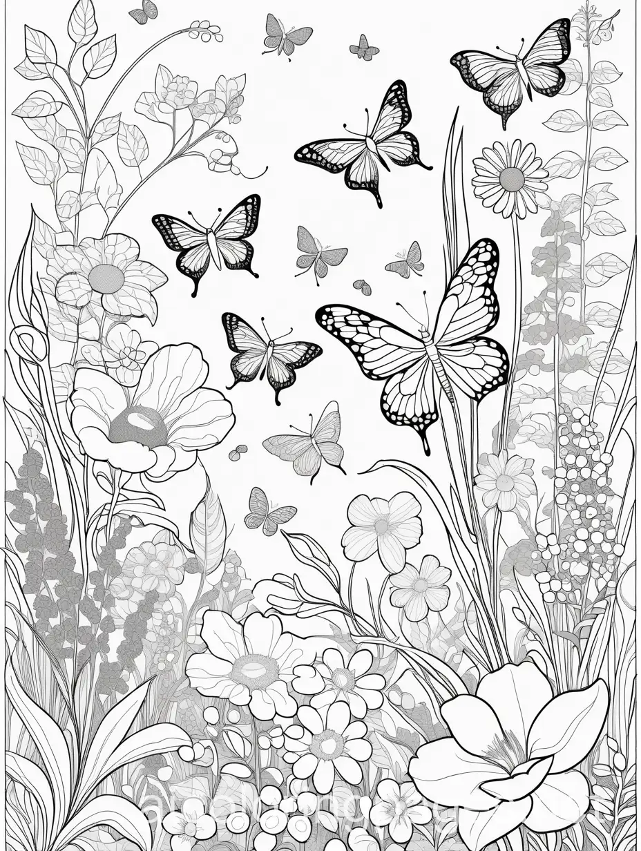 A detailed garden scene filled with a variety of insects: some with spotted wings, some with intricate patterns, others with clear or veined wings, and many more with different shapes and features. They are buzzing, crawling, and resting on flowers, leaves, and branches, creating a lively and diverse ecosystem., Coloring Page, black and white, line art, white background, Simplicity, Ample White Space. The background of the coloring page is plain white to make it easy for young children to color within the lines. The outlines of all the subjects are easy to distinguish, making it simple for kids to color without too much difficulty