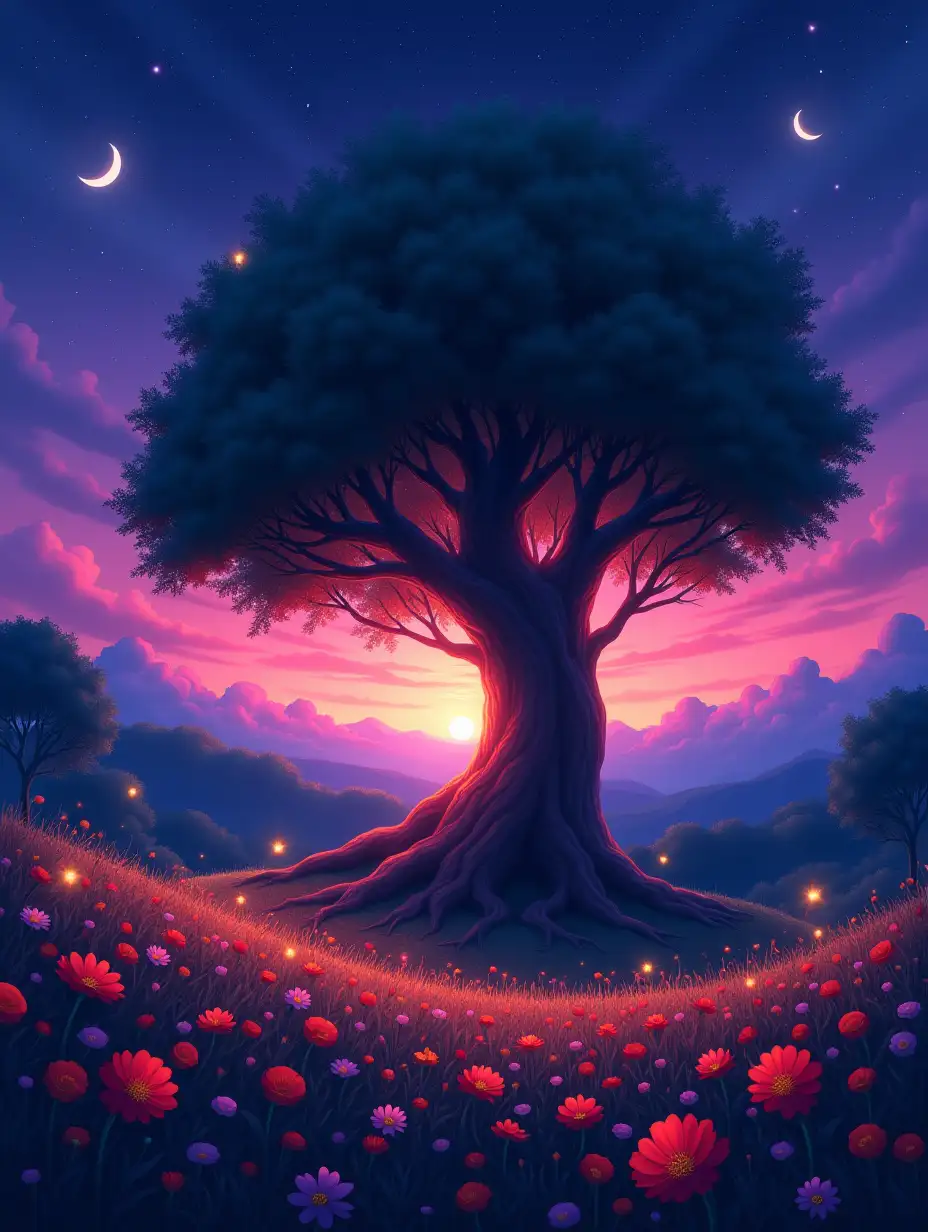 Anime-style night landscape featuring a large ancient tree glowing softly with red light at its roots, under a beautiful starry sky with a crescent moon and glowing fireflies. The twilight sky fades from deep purple to bright pink on the horizon. In the foreground, a colorful meadow full of red, orange, and purple flowers gently glowing, with soft grass and a peaceful, magical atmosphere. Detailed, vibrant colors, fantasy scenery, high resolution, 4k
