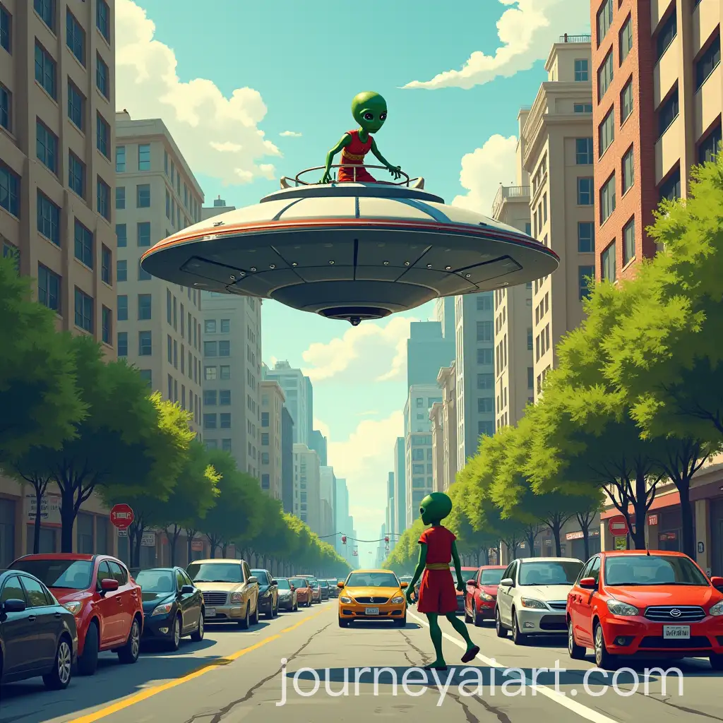 Bewildered-Alien-Stepping-Out-of-UFO-into-City-Street