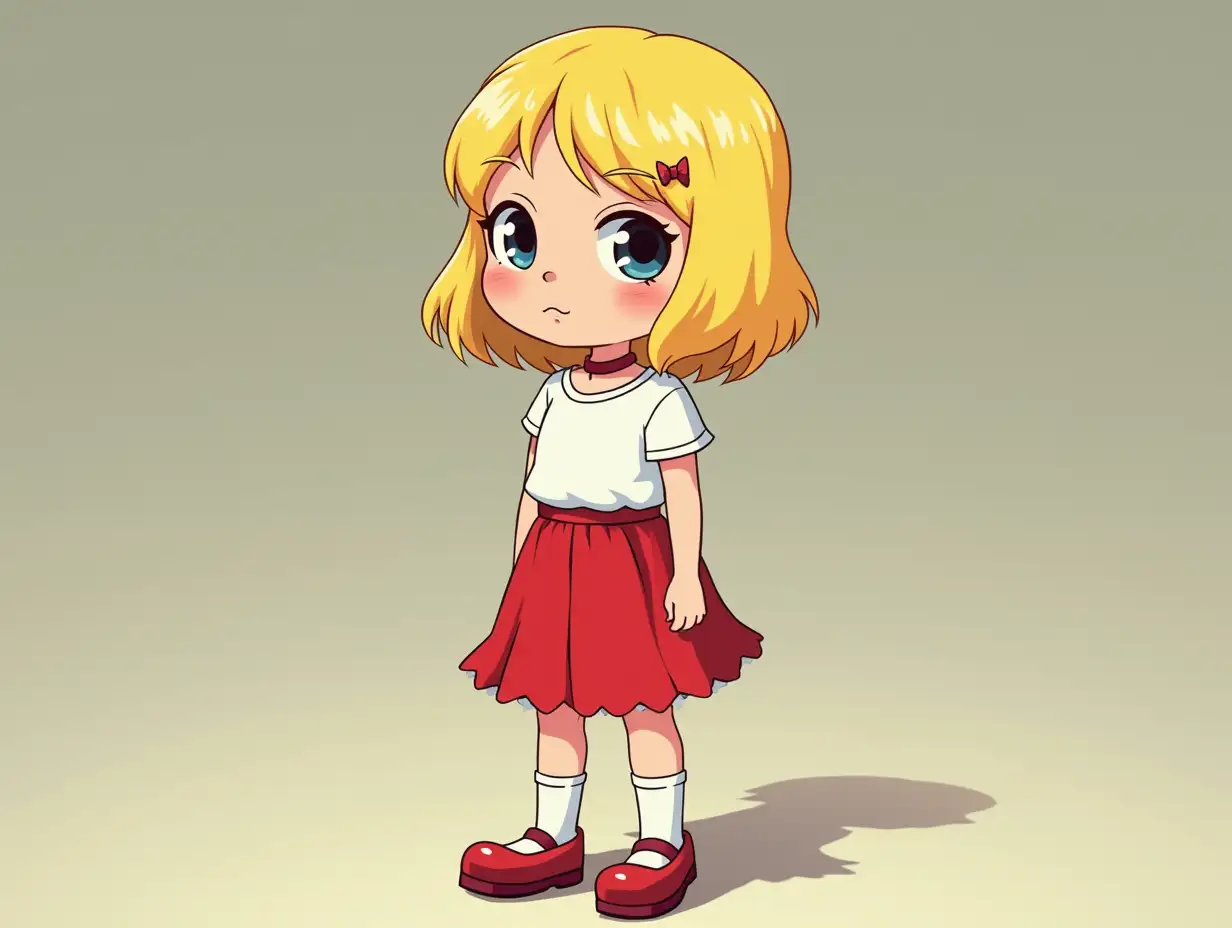 czech upa-stylized animated cartoon depiction of a nasty but adorable 12-year-old girl with blond hair and a bob cut. Lightweight casual clothes, white short sleeve shirt, short red skirt and shoes, the style of clothing gives off a very subtle 70s and gothic, has girly elements like hairclips, bows and ruffles