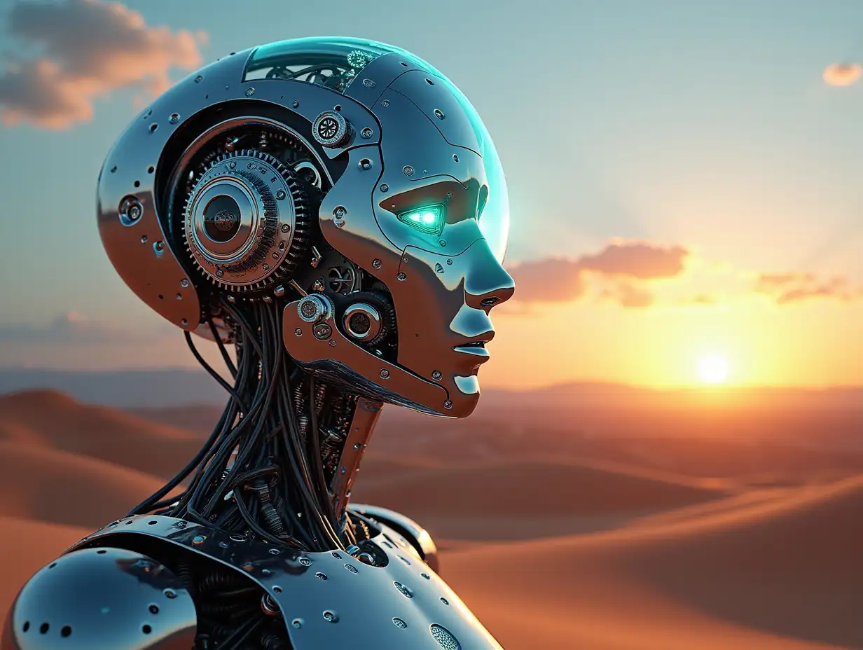 Create high-resolution 3D image in 4K resolution of AI entity named Robert with metal and glass head containing gears, light waveguides, and LEDs, depicting a desert scene with light