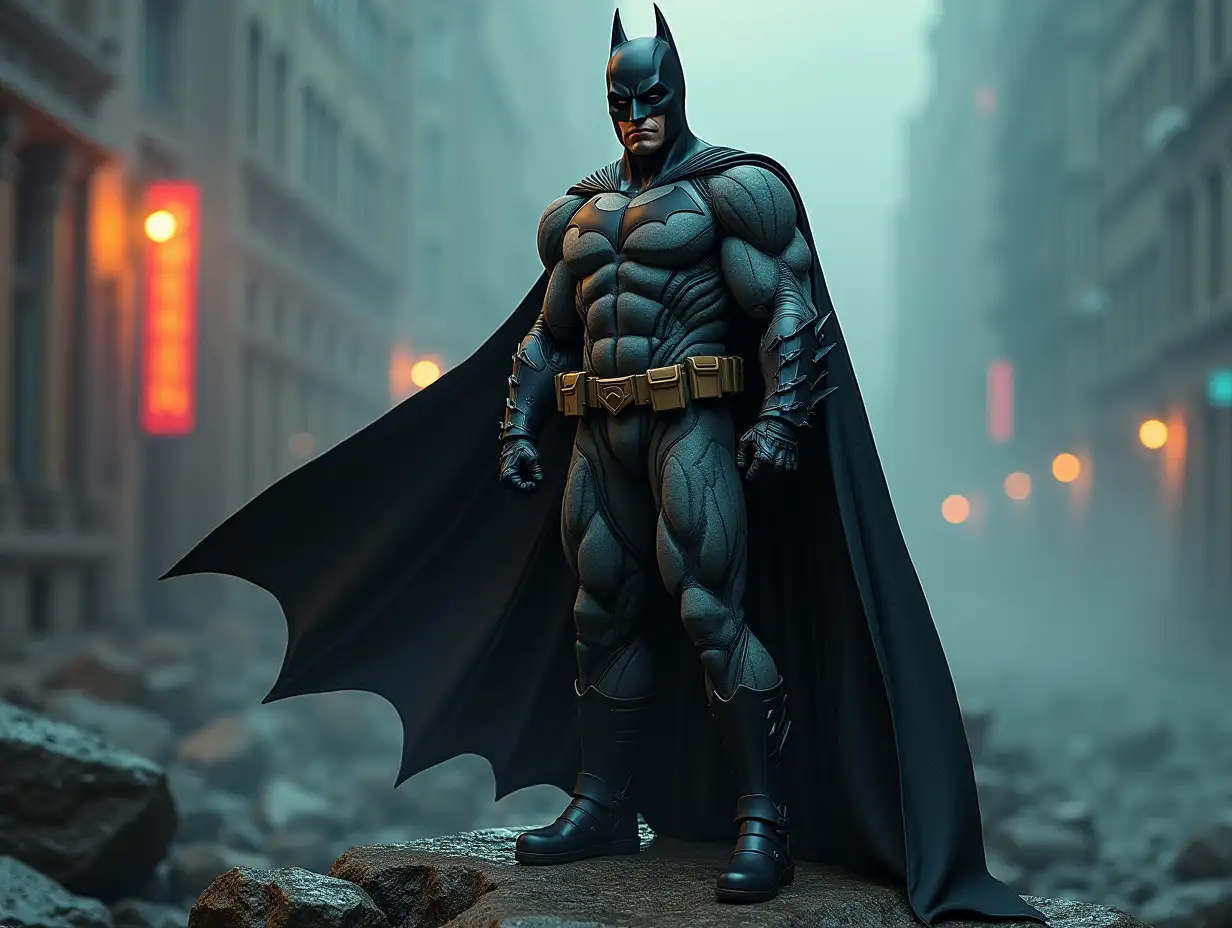 Batman Camouflage bright shadings stands on a rock 4K resolution