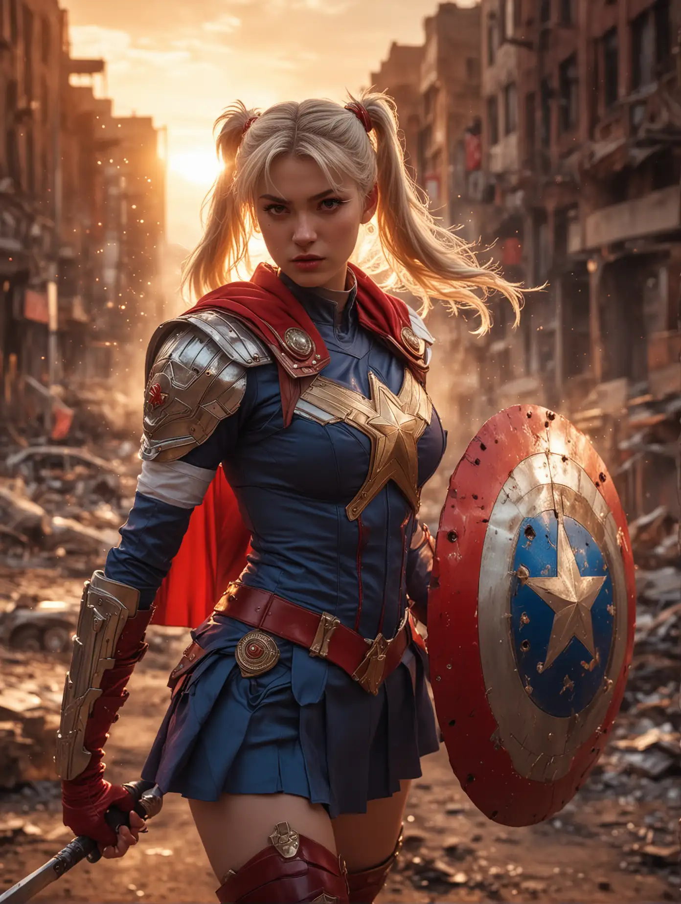 A masterful and striking conceptual art potrait, close up portrait, close up shot, showcasing beauty Sailormoon was cosplaying as Captain America, holding a sword and shield, walking graceful and elegant with moody face, deeply immersed in the chaotic energy of a war Zone with explosions everywhere. Dynamic martial action pose at wasteland cityscape background with amazing ray tracing of sunset light.