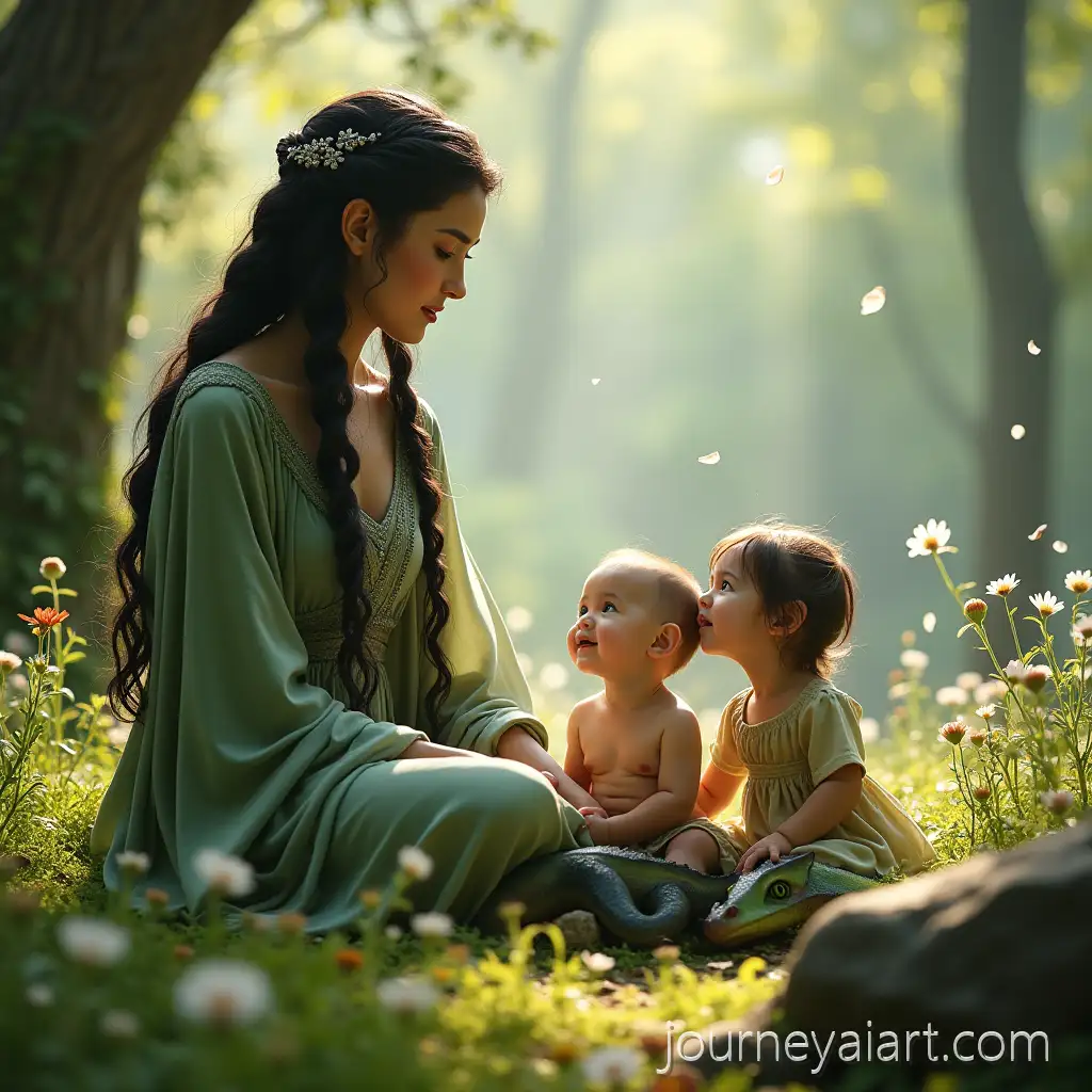 SerElven-woman-with-twinsene-Elven-Woman-with-Twin-Babies-and-Playful-Dragons-in-Sunlit-Forest-Clearing