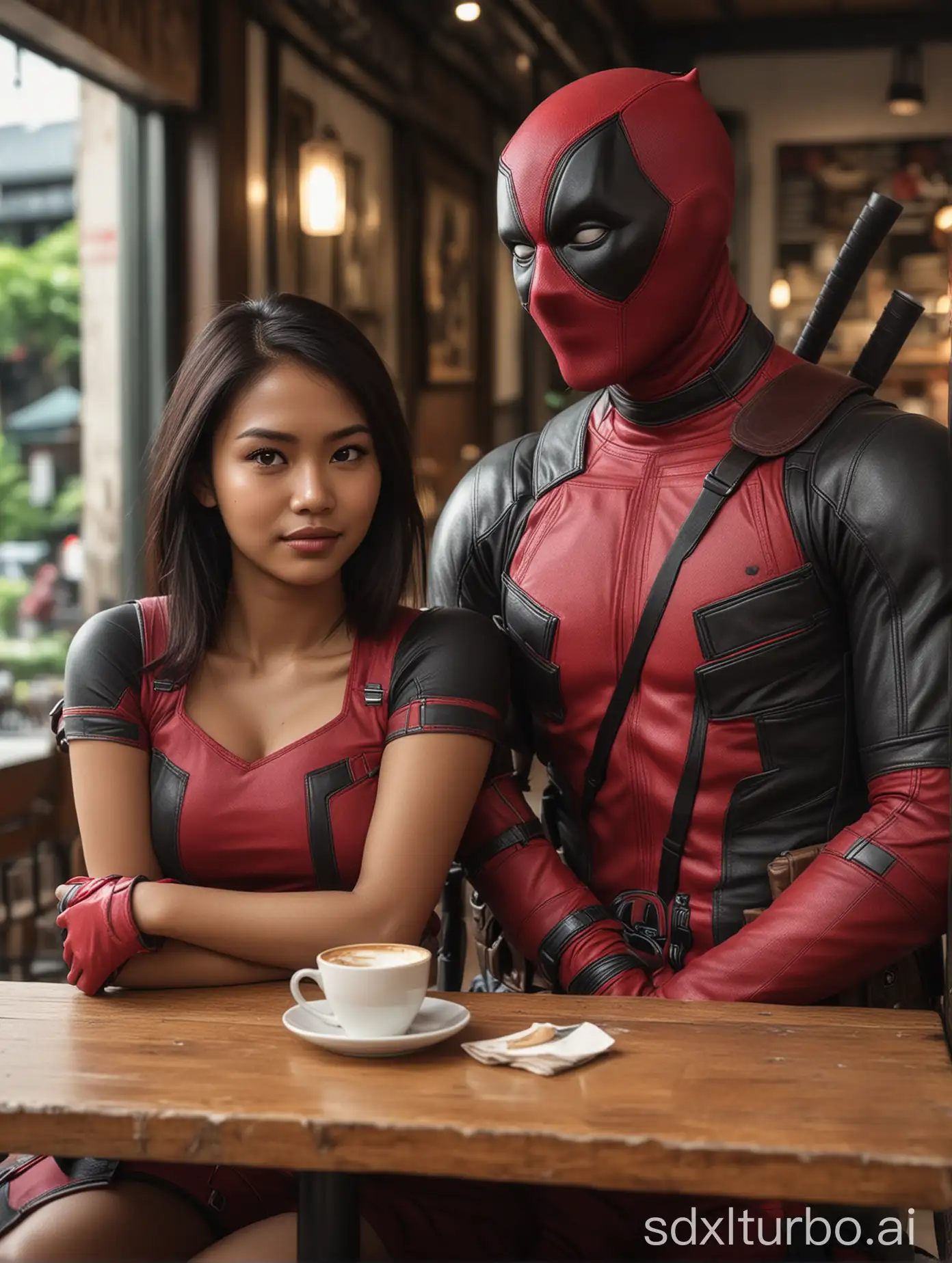 Confident-Indonesian-Woman-and-Deadpool-Cosplayer-at-Coffee-Shop