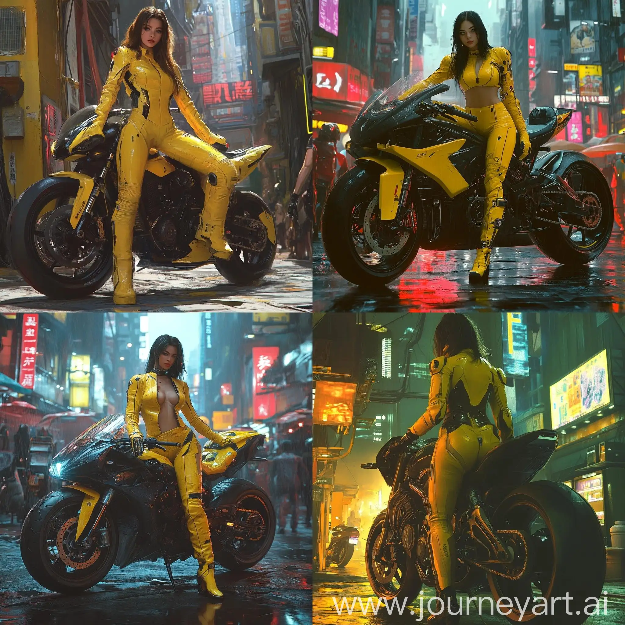 Cyberpunk-Woman-in-Yellow-Suit-with-Motorcycle