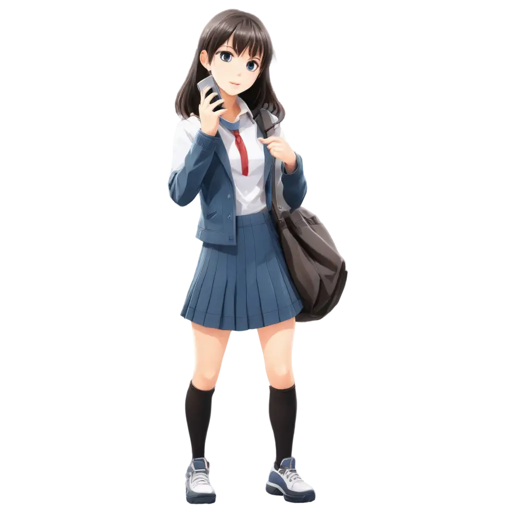 Anime style image of a cute girl with a short skirt  using her cell phone.