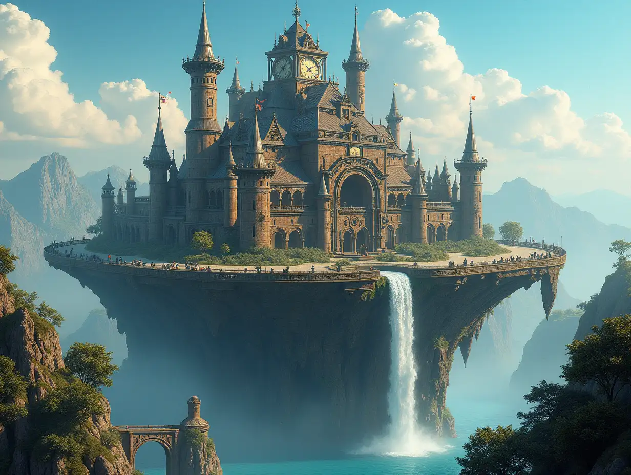 A Fantasy-Stil floating island World with Schloß made of Metal the Towers are equipped with Bronze Gears ,Bronze Towers, Streets with glowing Laterns,Trees Water with Waterfall,clear Sky without Clouds, Panorama picture Steampunk