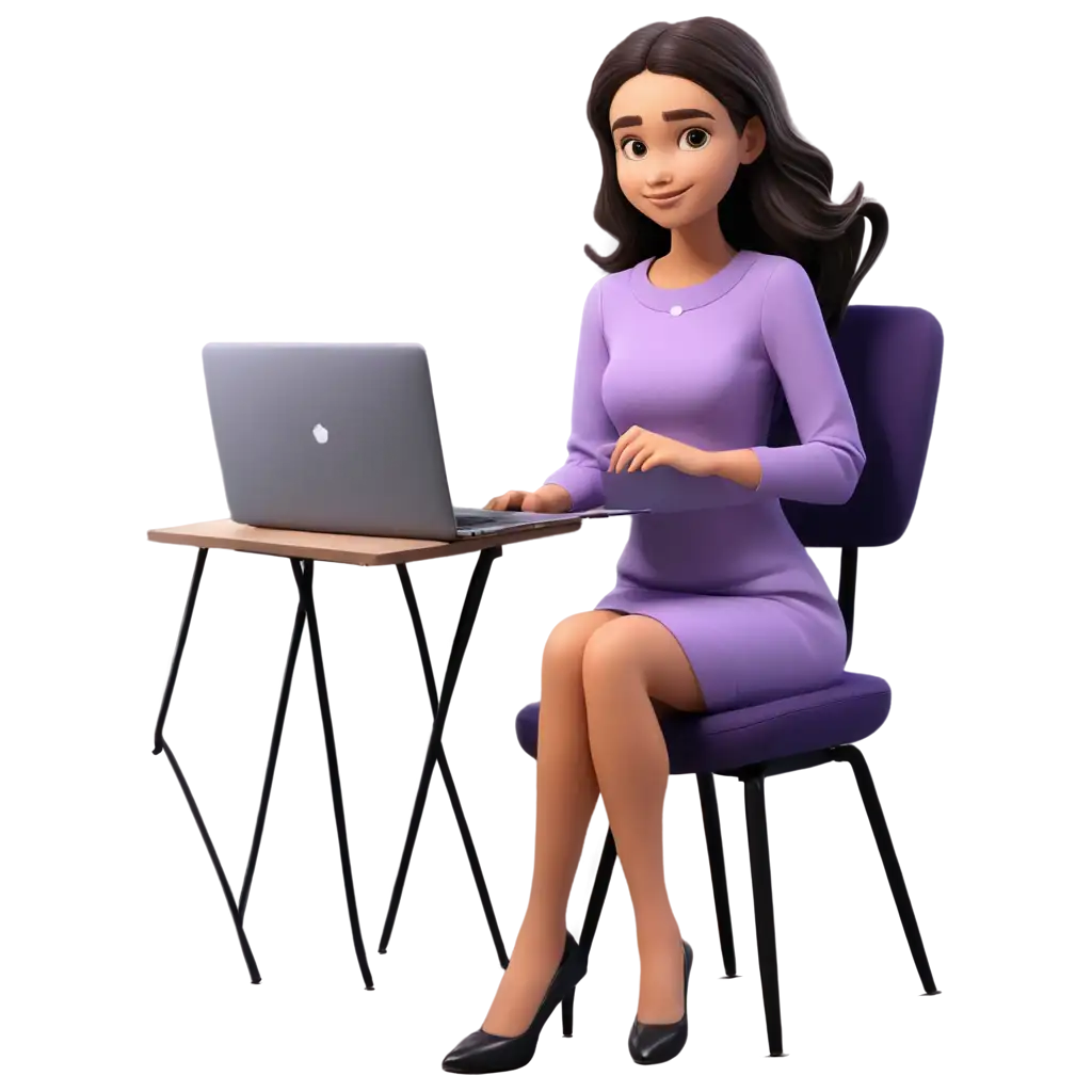 Cartoon-Cute-Girl-in-Purple-Frock-with-Laptop-PNG-Image