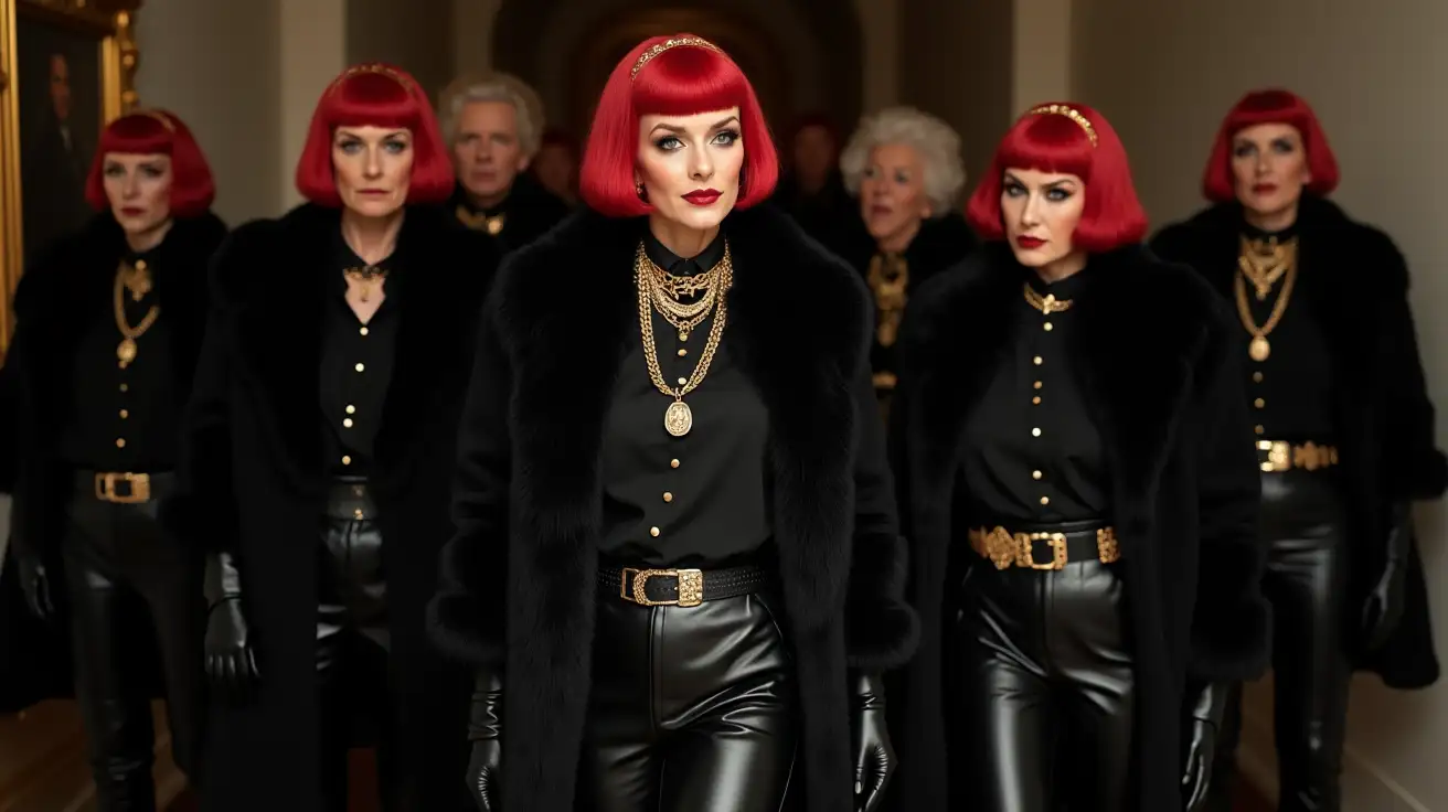 group of old women in long black fur coat, red bowl haircut with golden headband, heavy black make up on the face, black blouse with golden buttons, gold chain neck collar, black leather gloves, black leather shiny pants with gold belt, thigh high black leather shiny platform boots, black leather purse with golden ornaments