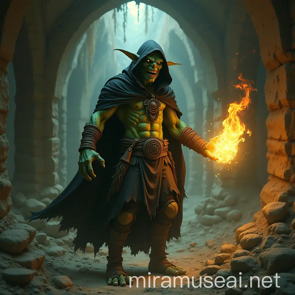 Angry GreenSkin Goblin Shaman Casting Fireball in Old Underground Kingdom