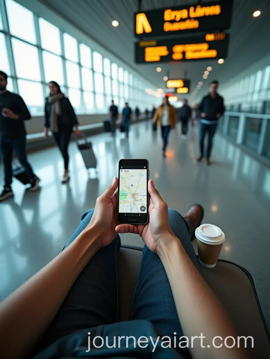 Tourist-POV-in-Istanbul-Airport-with-Smartphone-and-Coffee-Cup
