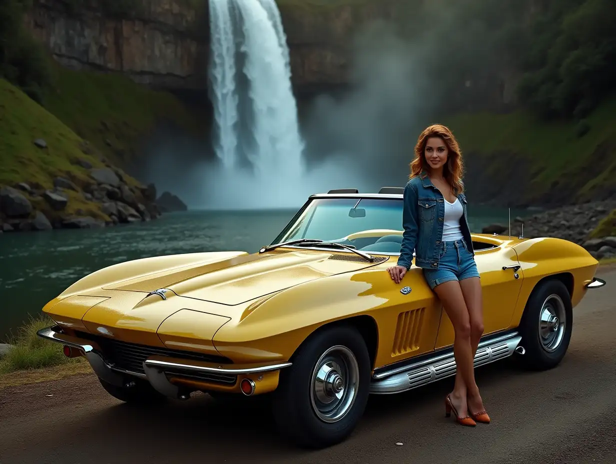 Vintage-1966-Corvette-with-a-1960s-Styled-Woman-at-a-Waterfall-during-Dusk