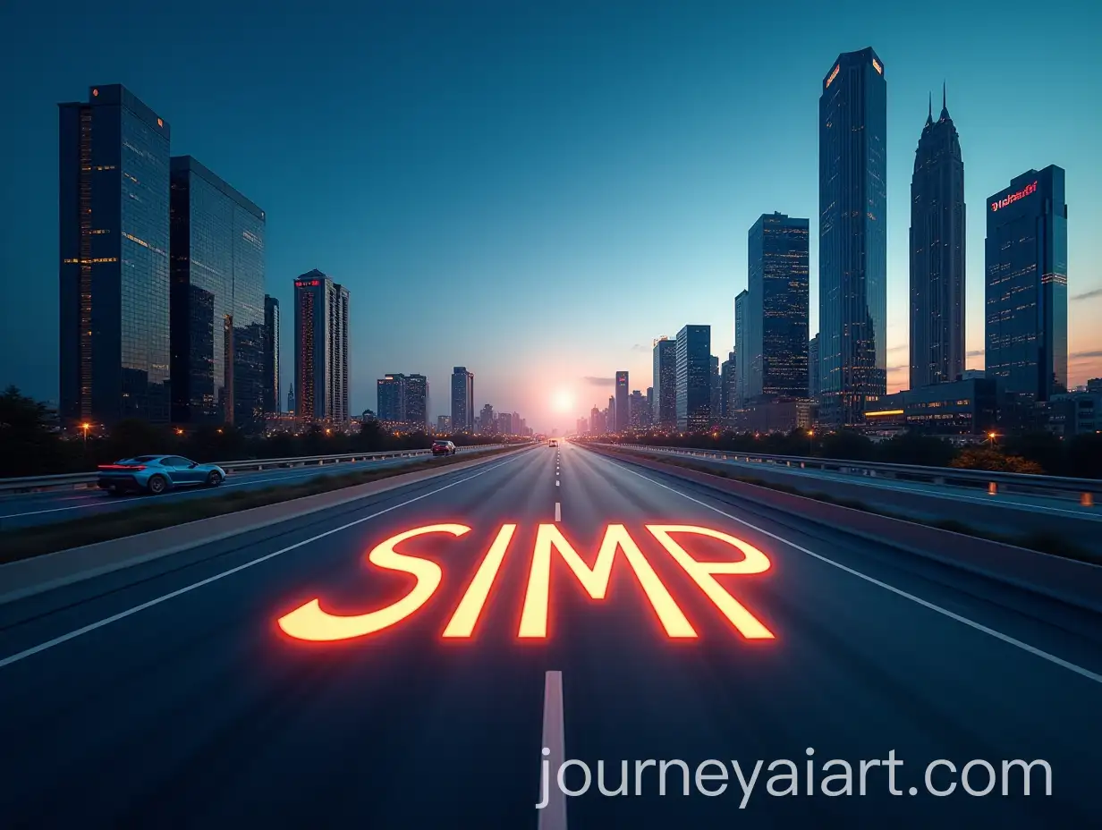 Highway-with-SIMP-Text-and-VinFast-VF9-Car-Against-Modern-City-Skyline