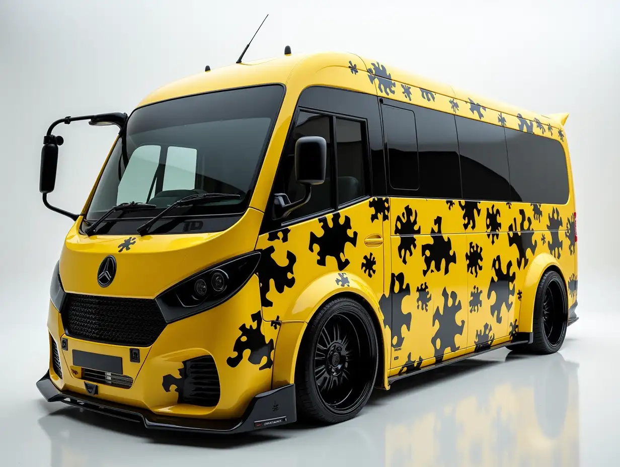 Supermodern utopian sport bus yellow black camouflage color,lowered body, 18-inch rims,