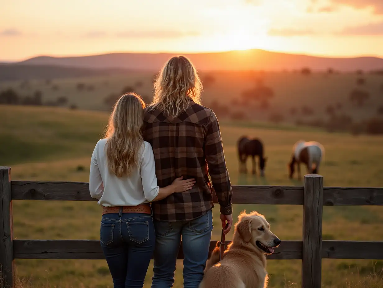 A ruggedly handsome man with long, flowing blond hair stands at the edge of a wooden fence, gazing over his sprawling ranch as the first rays of golden sunlight peek over the rolling hills. Dressed in a fitted flannel shirt with the sleeves rolled up, faded jeans, and well-worn cowboy boots, he exudes strength and quiet confidence. Beside him, his stunning blond-haired wife rests her head against his shoulder, her long, wavy locks catching the soft morning breeze. She wears a flowing white blouse tucked into denim jeans, with a brown leather belt accentuating her slender frame. At their feet, a golden retriever eagerly wags its tail, eyes bright and attentive, ready for the day's adventures. The wooden fence stretches into the distance, enclosing a lush pasture where horses graze peacefully. The sky is a breathtaking mix of warm pinks, oranges, and soft blues, the fresh scent of morning dew lingering in the air. It's a moment of serenity, love, and the beauty of ranch life.