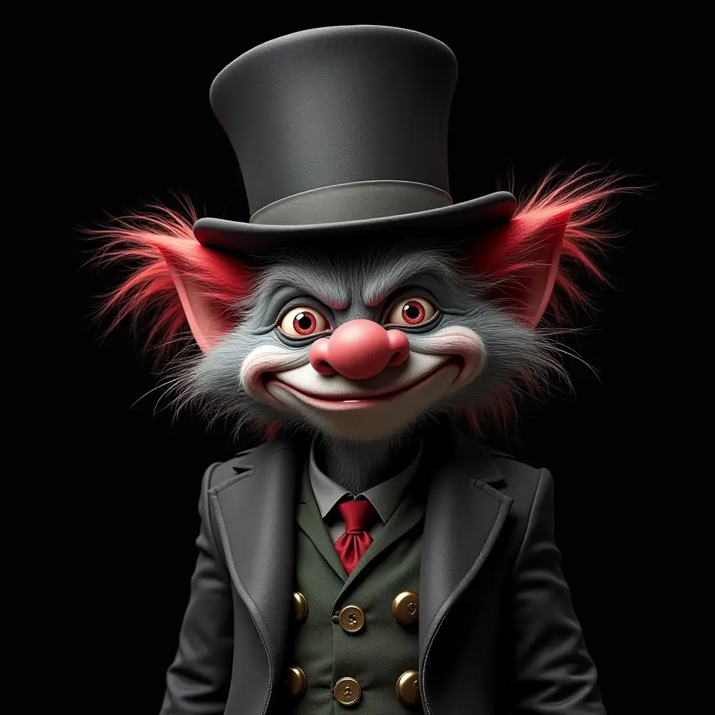 ultra-detailed hyperrealistic portrait of a troll with grey and red hair and a top hat, black background