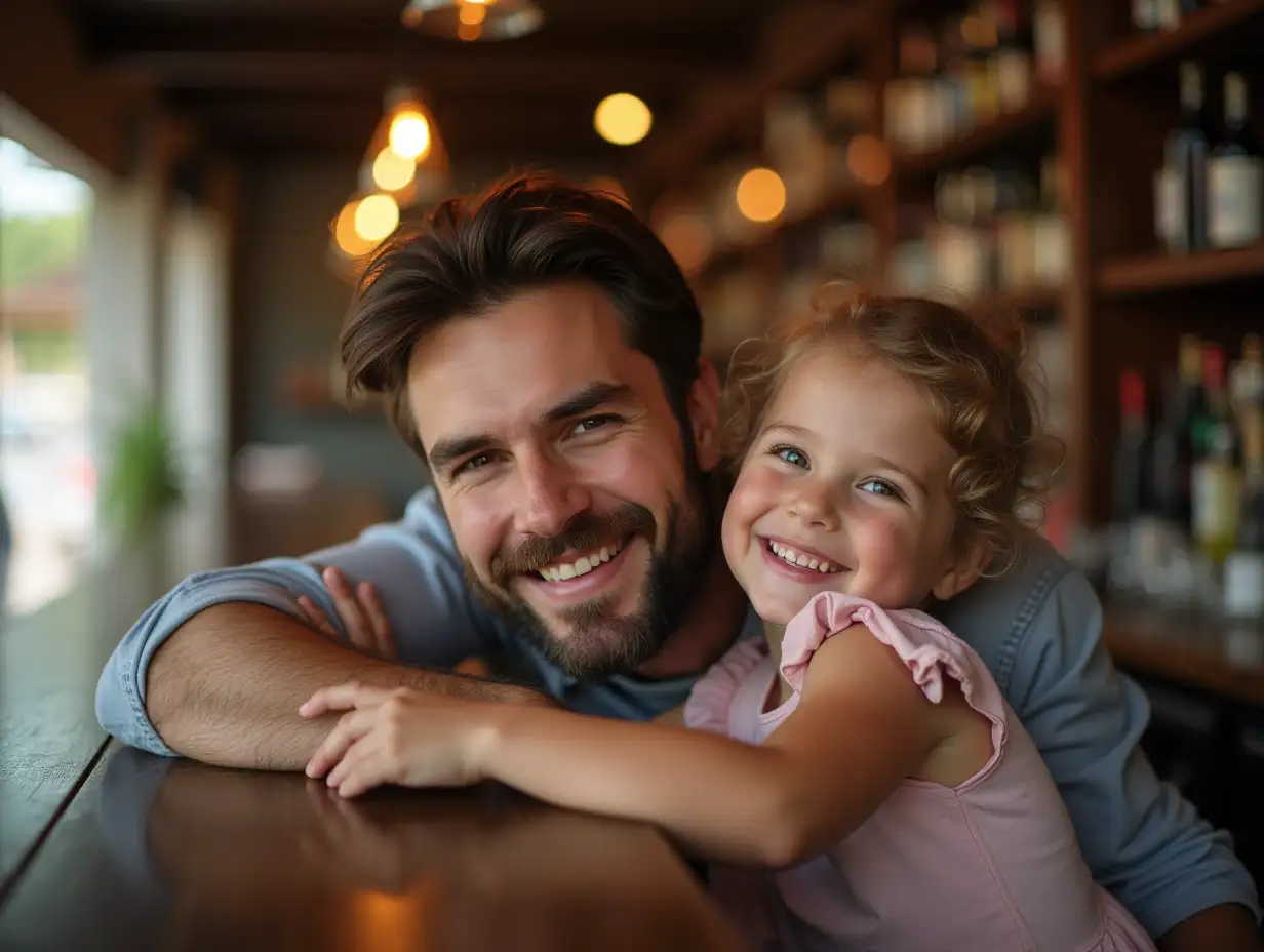 A man and a little girl happily standing next to a bar, enjoying a special bonding moment together.