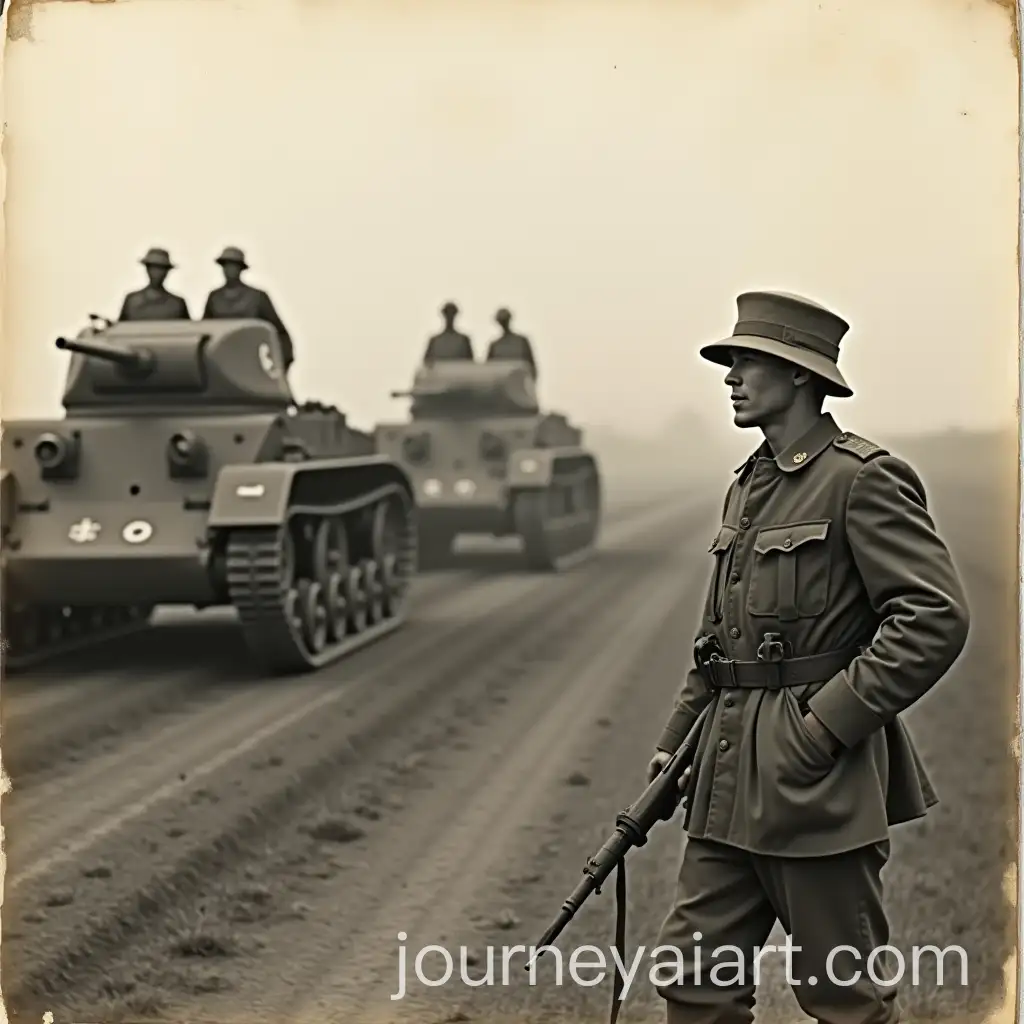 Vintage-World-War-Two-Soldier-and-Tanks-in-Historical-Photograph