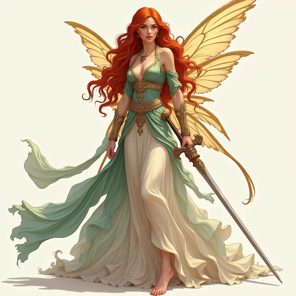 Fairy-Warrior-Woman-in-Ethereal-Gown-Wielding-a-Sword-with-Red-Wavy-Hair