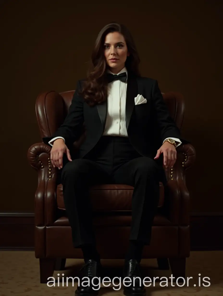 Brunette-Actress-in-Tuxedo-Attire-Sitting-in-Hotel-Lobby