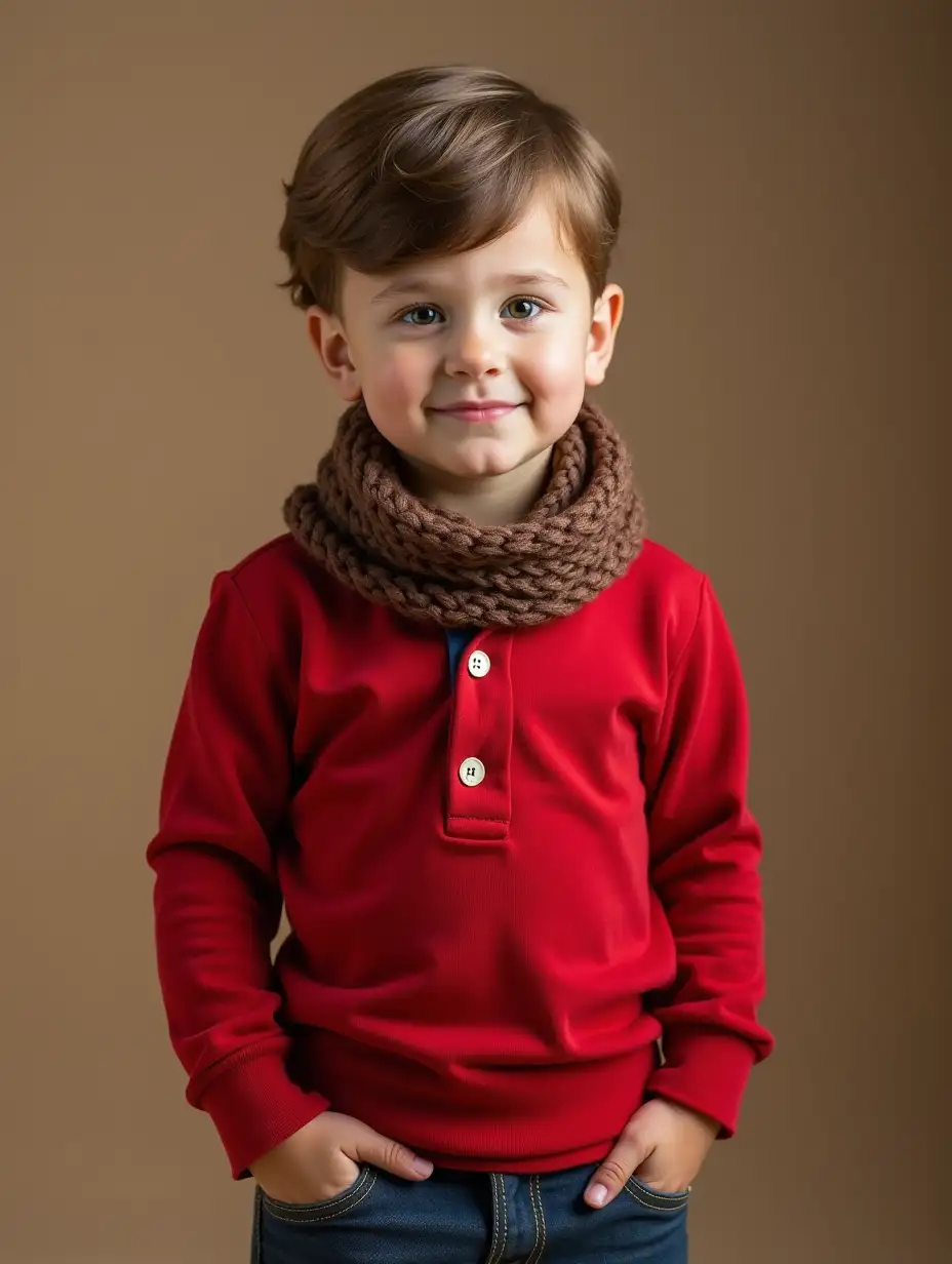 Little boy red wide neck long sleeve shirt inside see through long sleeve polo unbuttoned, brown scarf