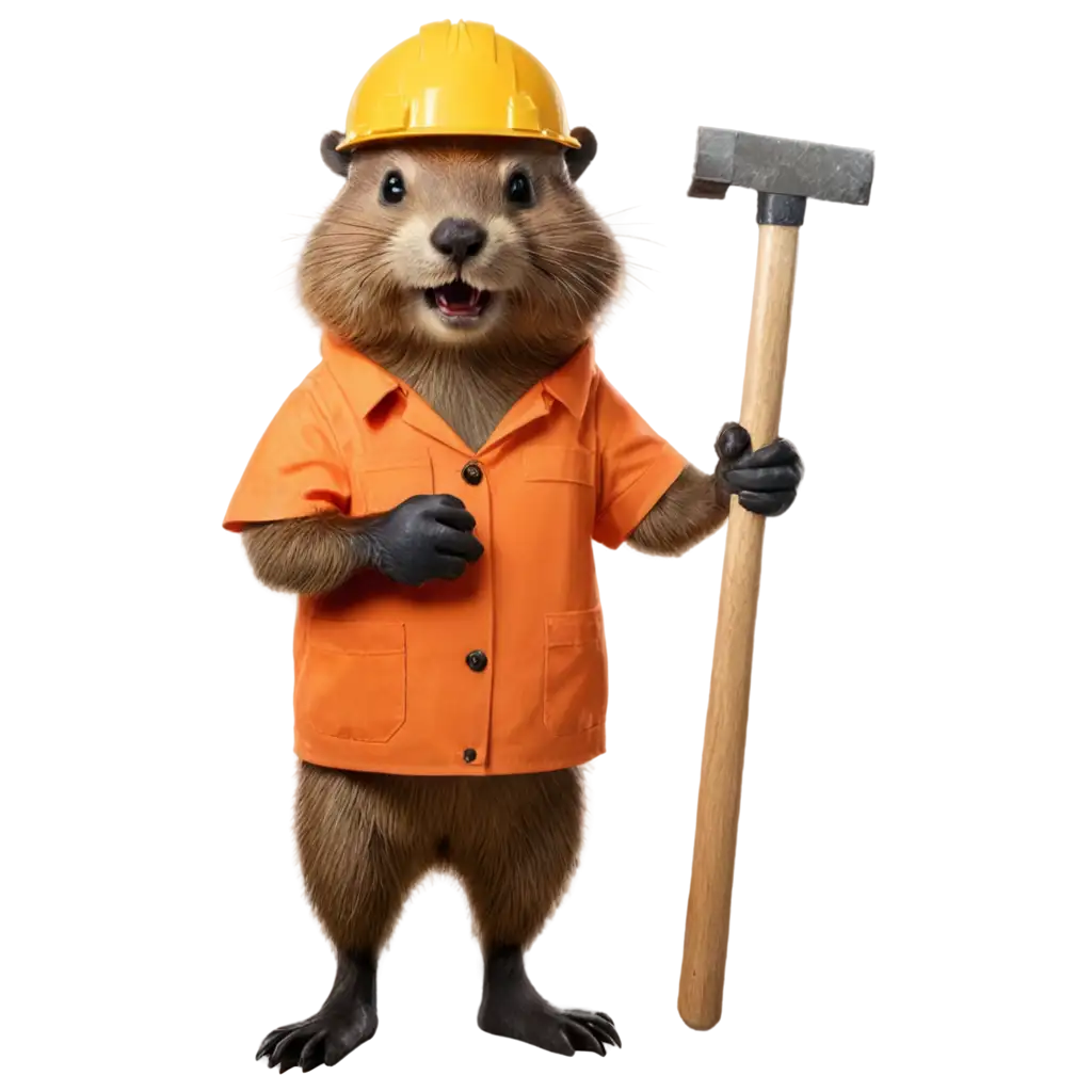 A beaver holding a hammer, wearing construction clothes