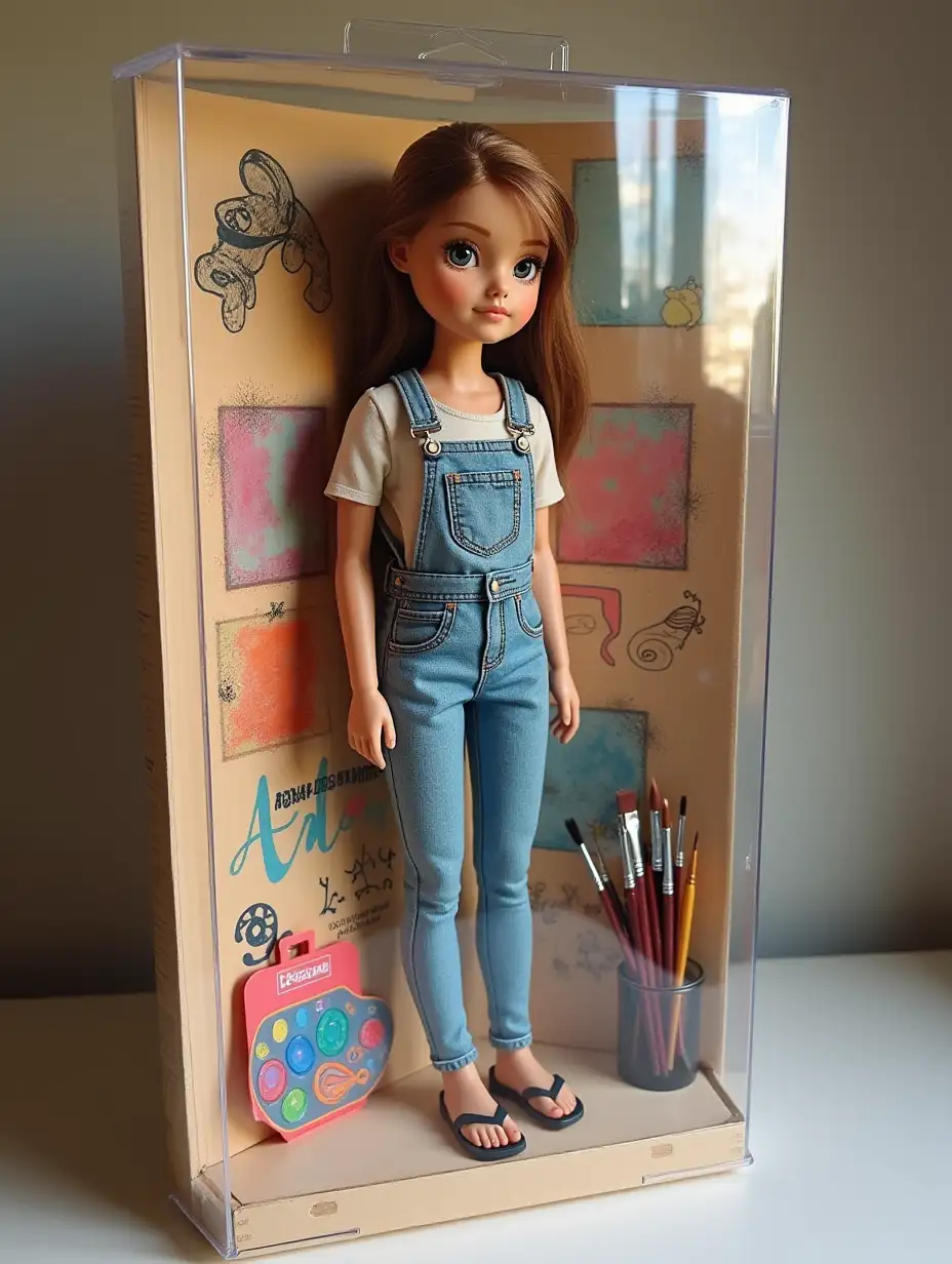 Create a photo-realistic figure of a person in a photo. The figure should be full size and fit into a transparent plastic box with a colorful paper background, like real collectible toys. Make the packaging as realistic as possible - shiny plastic, sections for items and a design in the style of a toy store. Write the brand [Alexandra] on the box. The packaging atmosphere will be: [artist, drawing]. Place accessories next to the figure: [palette, paints, brushes]. Make the figure in the style of [Barbie].
