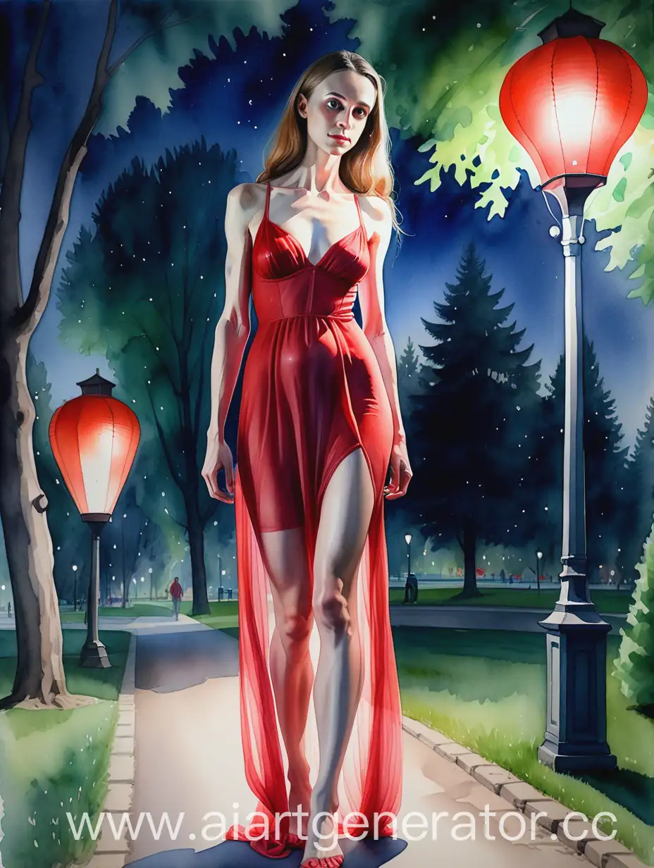 Hyperrealistic-Watercolor-Painting-of-a-Soviet-Anorexic-Transgender-in-Red-Dress-at-Night