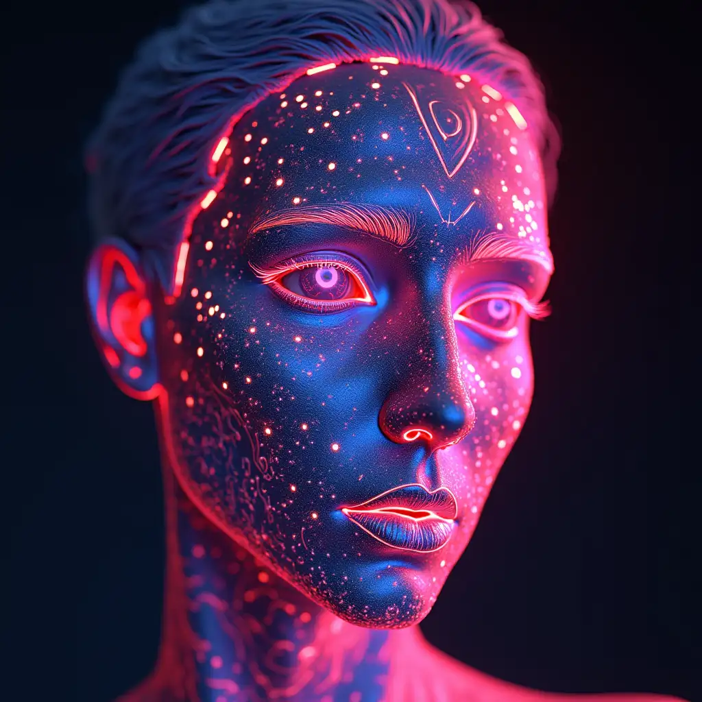 Glitchy 3D render of a face dissolving into digital flames, Persian motifs flickering like holograms, cybernetic tattoos glowing, vaporwave aesthetics, neon pink and dark blue contrast, by Beeple & Android Jones.