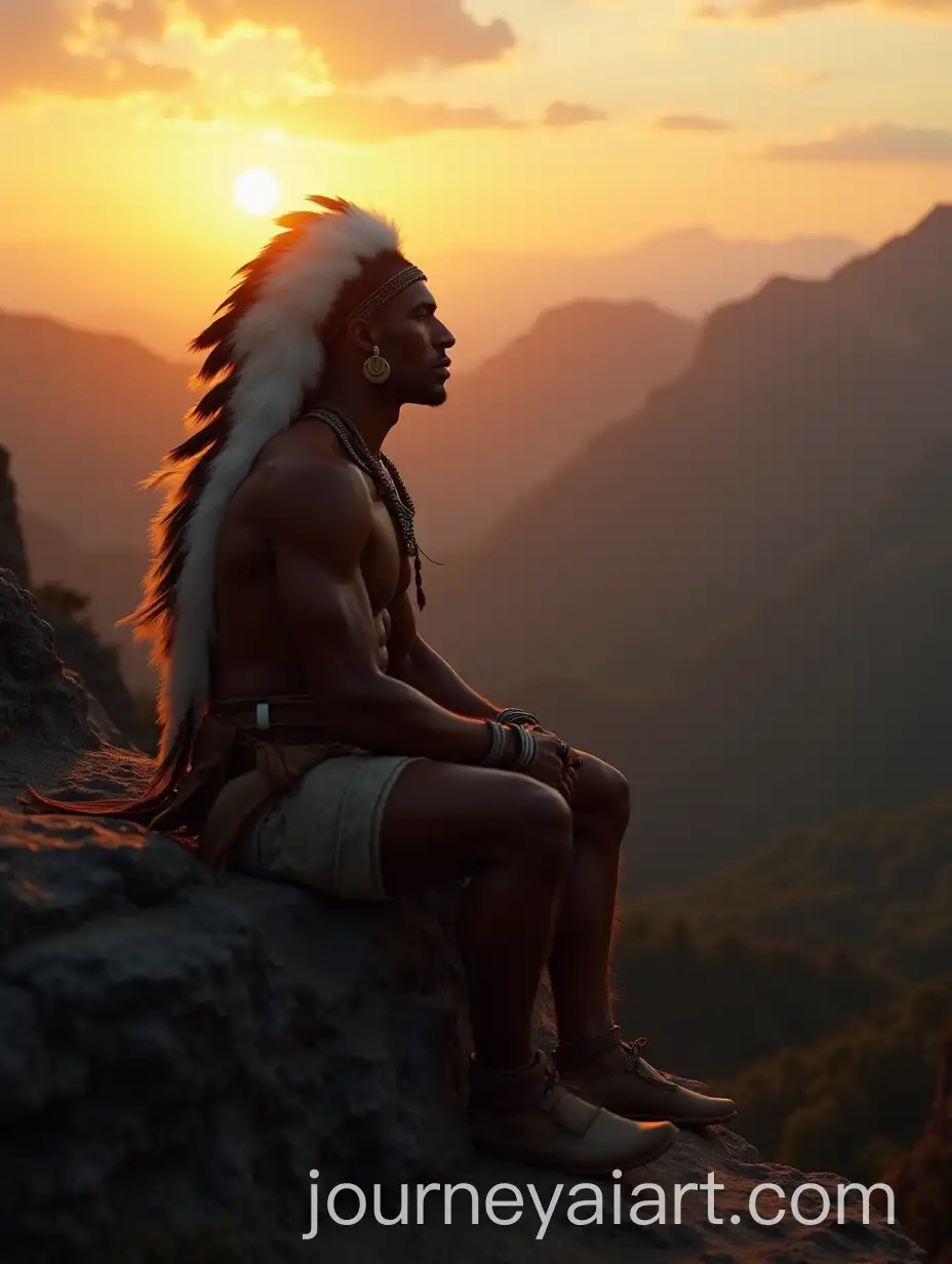 Powerful-Mulatto-Indigenous-Man-with-Feathered-Headdress-Overlooking-Mountain-Valley-at-Twilight