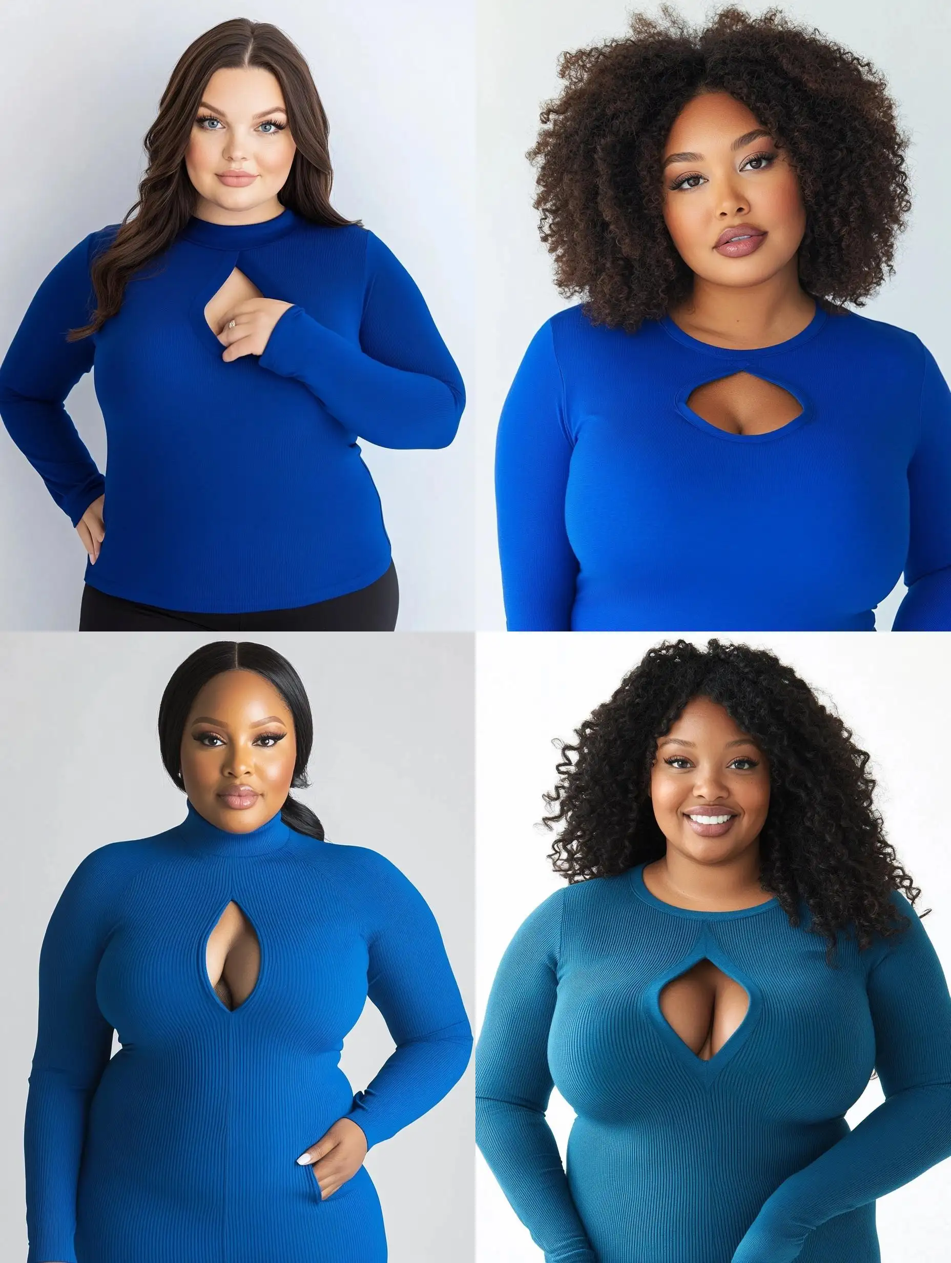 Plus-Size-Woman-in-Blue-Long-Sleeve-Top-with-Cut-Out-Front-Ribbed-Fabric-on-White-Background