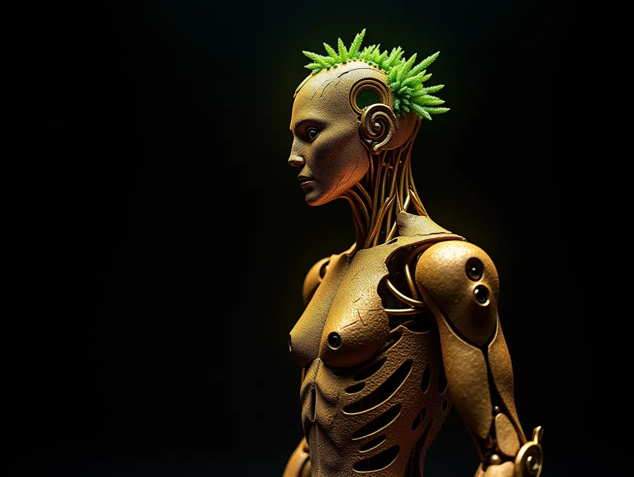 goldenem Complex-Horizon-Fractals humanoid robot with Complex-Horizon-Fractals body and Fracta-Bald with Root on head, with black background vibrant