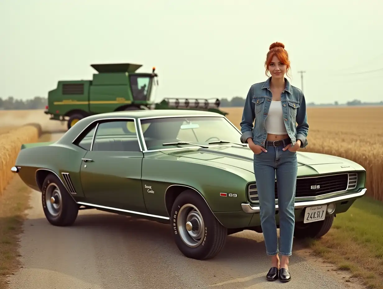 1969-Chevrolet-Camaro-on-Gravel-Road-with-John-Deere-Combine-and-Woman-in-Vintage-Outfit